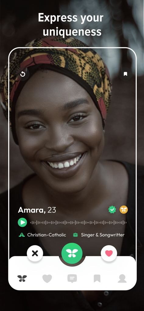 Trueflutter: African Dating - A profile screen on the Trueflutter dating app showing a woman named Amara with a voice intro feature and cultural details like religion and occupation.