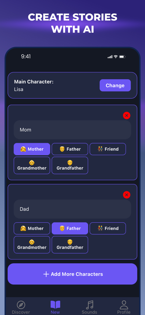 TaleAI: Bedtime Stories - Interface of TaleAI app for creating stories with AI by customizing main characters and family members