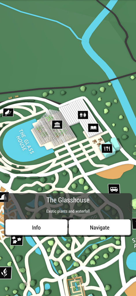 Wisley Gardens Interactive Map - Interactive 3D map of Wisley Gardens showing The Glasshouse with navigation and info options