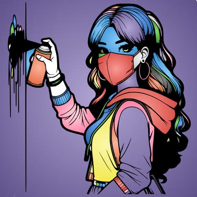 realistic girl with mask spray painting a wall