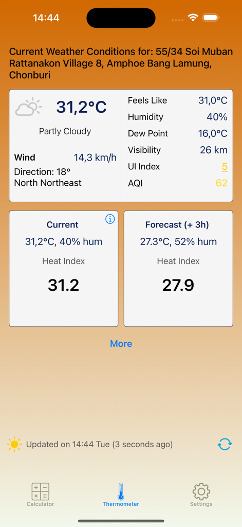 Heat Index Calculator Pro - Heat Index Calculator Pro mobile app displaying current weather conditions real feel temperature and heat index forecast.