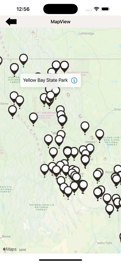Map view of the Montana State Parks Guide app showing park locations across the state with a pin on Yellow Bay State Park