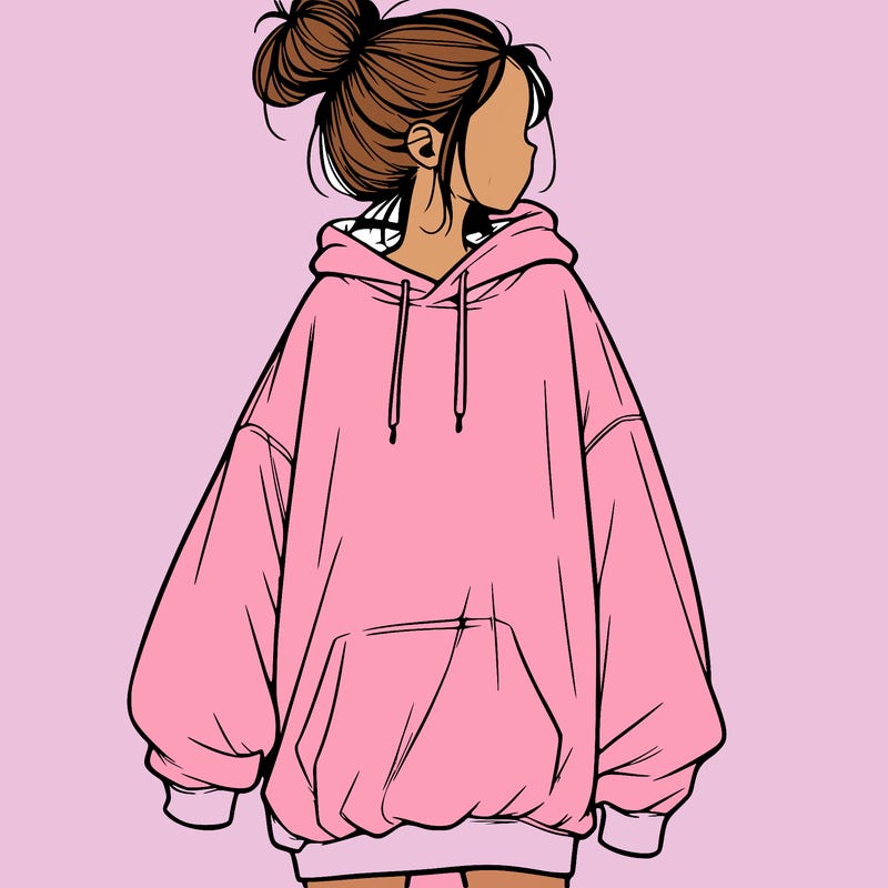 realistic girl with a oversized sweatshirt on and a bun