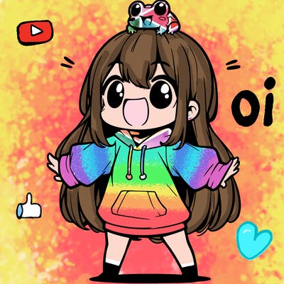 a excited chibi girl whith long hair and a baggy shirt whith a frog on there head