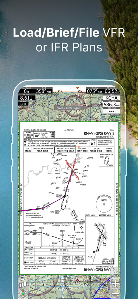 iFly EFB - iFly EFB app showing a geo-referenced RNAV approach plate for flight planning