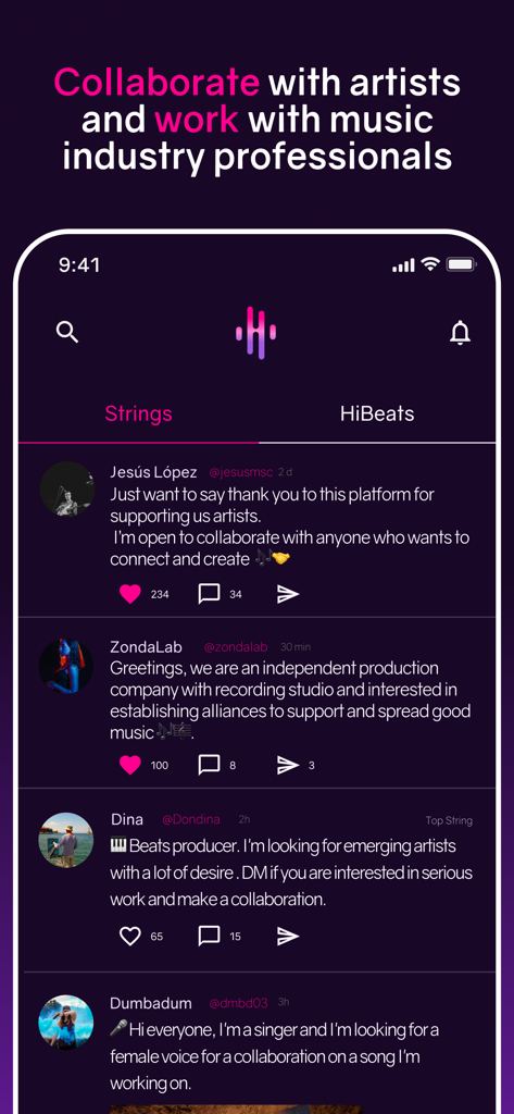 HiBeats - Mobile app screen showing the HiBeats Strings social feed where artists and music professionals post collaboration requests and network