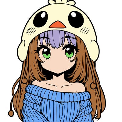 anime girl with chick shaped hat with sweater with bare shoulders with bangs covering them one eye with low tail