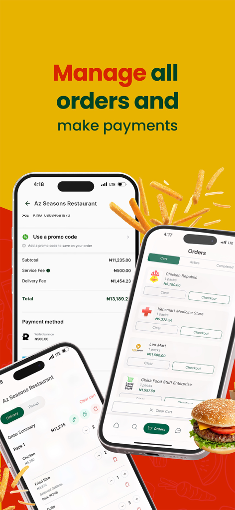 Eatables - Screenshots of the Eatables app showing the order summary, cart details, and payment interface on iPhones.