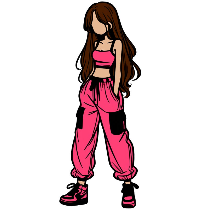 girl in baggy pants crop top and long hair