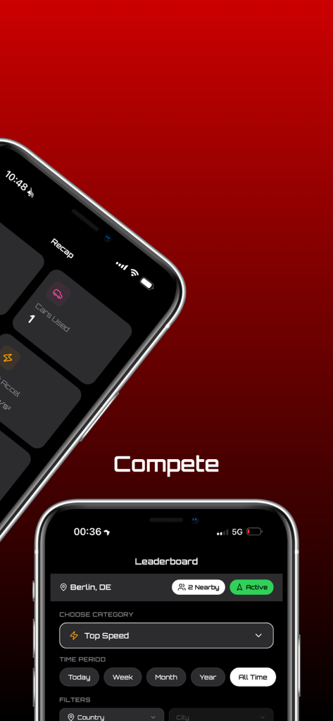 RedLine App interface showing car performance leaderboards and competition features