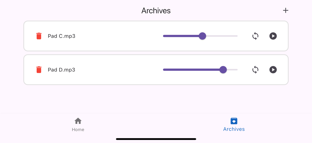 Ambient Pad - Worship and Loop - Archives screen of the Ambient Pad app showing saved worship loop mp3 files with play and volume controls