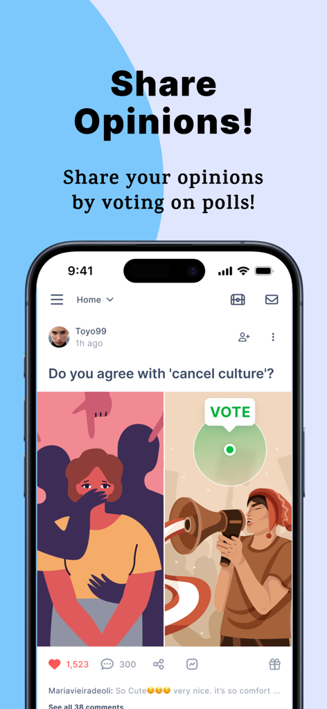 Pantalla de la app móvil HICH mostrando una encuesta visual preguntando las opiniones de los usuarios sobre la cultura de la cancelación