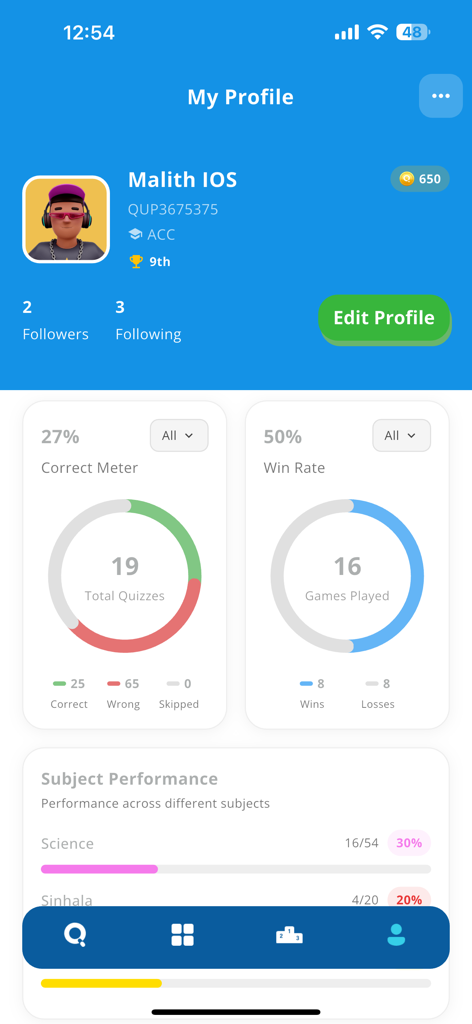 QuizUp - Sri Lanka - User profile dashboard in the QuizUp Sri Lanka app showing quiz accuracy and performance analytics.