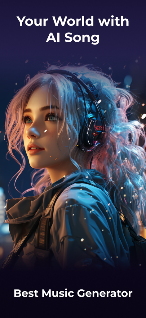 AI Songs: Track Generator - Una joven con el pelo de colores y auriculares en una pantalla promocional para la aplicación generadora de música AI Songs.