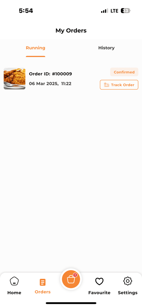 Wakafoods - Wakafoods mobile app showing a confirmed food order with tracking status and order history tabs