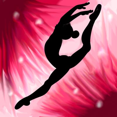 gymnast doing a leap in a leotard with a bent back leg