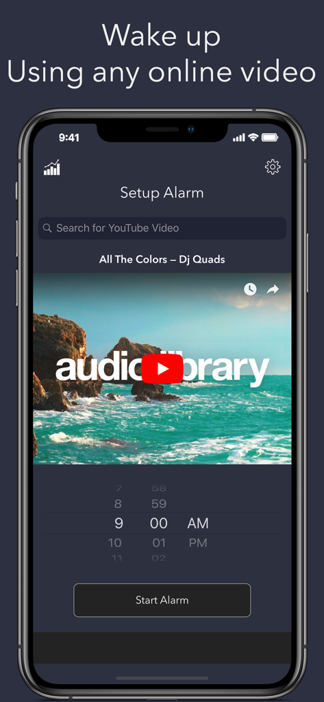 Video Alarm - Morning Routine - Video alarm app setup screen with YouTube video integration and time picker