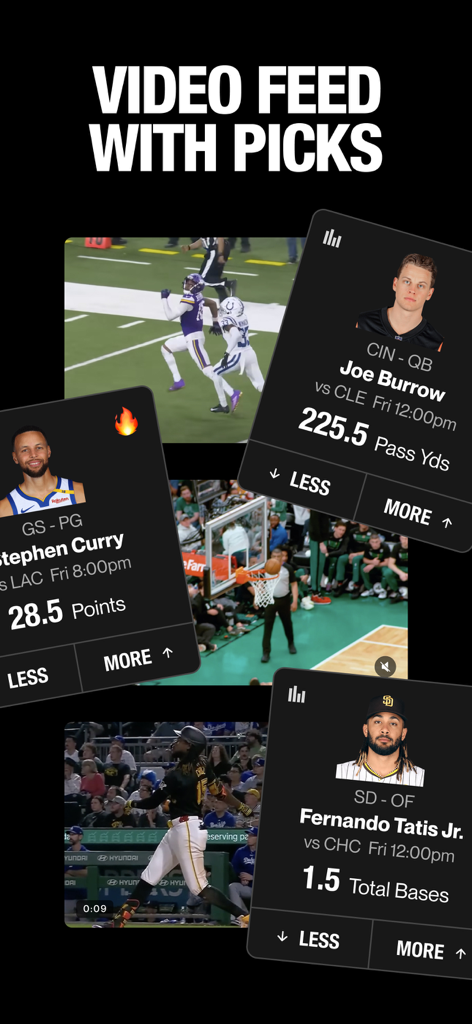 Arena - The Sports Super App - Arena app video feed featuring interactive player performance picks for Joe Burrow and Stephen Curry