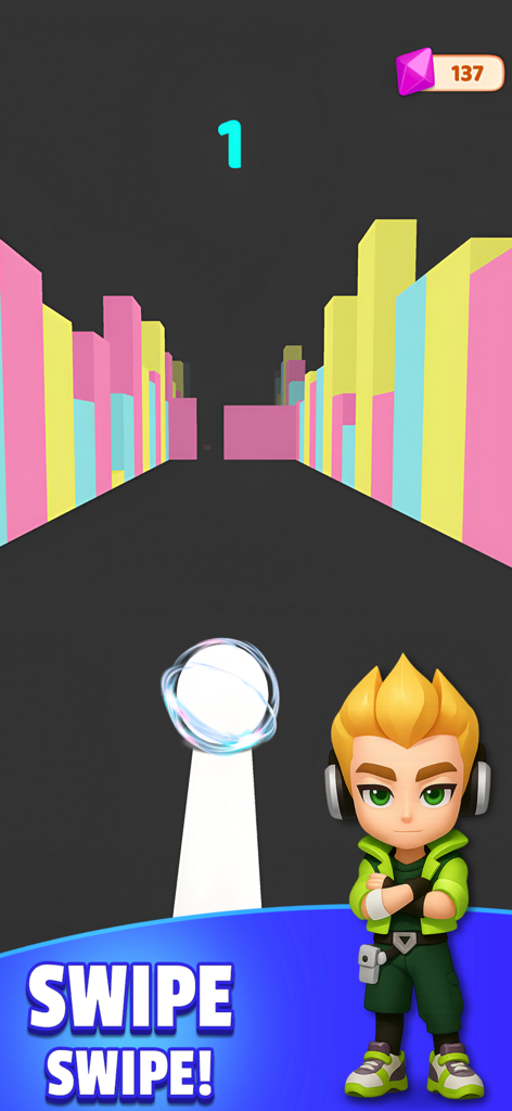 Gameplay de Real Catch Up 3D montrant une balle roulant sur un chemin avec des bâtiments colorés et une mascotte de personnage