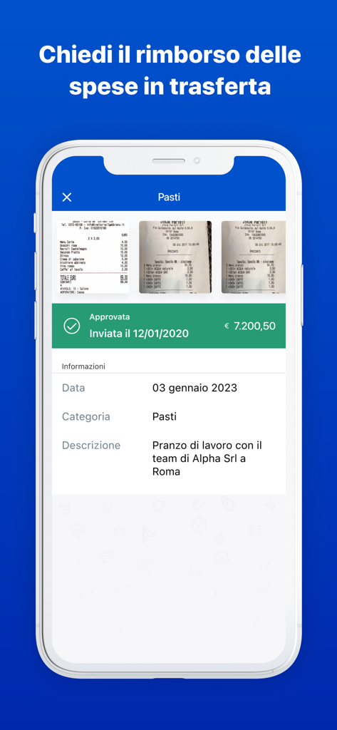 Dipendenti in Cloud - Dipendenti in Cloud app interface displaying an approved business travel expense report with receipt photo uploads