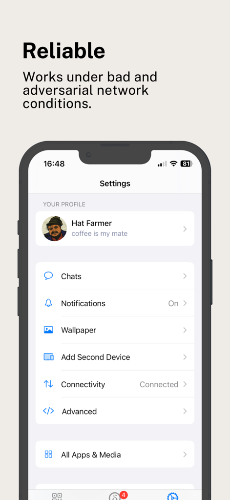 Delta Chat - Delta Chatモバイルアプリの設定画面。ユーザープロファイルと接続ステータスが表示されています。