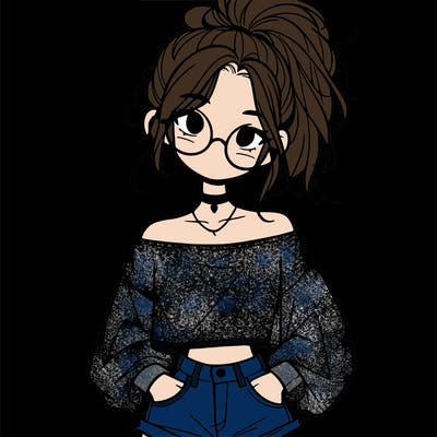 girl with a messy ponytail glasses a baggy crop top and jean shorts