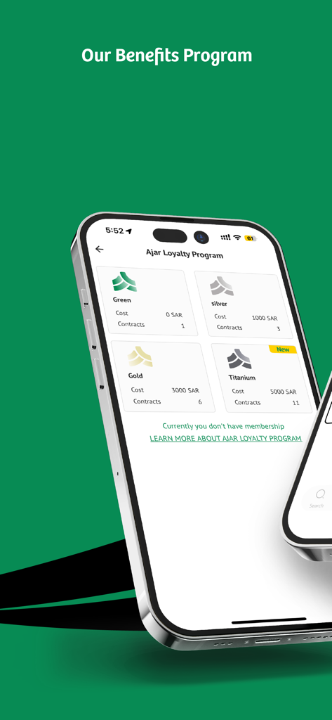 Ajar | Enterprise - Mobile app screen showing the Ajar Enterprise loyalty program with membership tiers like Green Silver Gold and Titanium