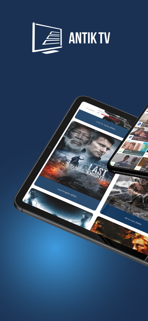 Antik TV - Antik TV app displayed on a tablet and smartphone featuring movies and a live Slovak and Czech TV program guide