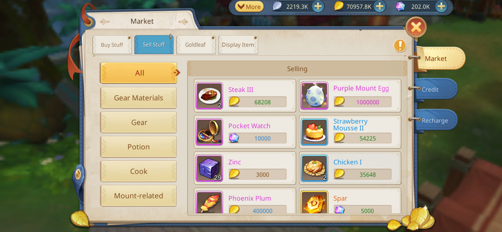 Guardians of Cloudia - Interfaz del mercado del juego en Guardians of Cloudia que muestra varios artículos a la venta, como comida y huevos de montura.