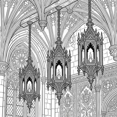 Unwind with this captivating coloring page featuring beautifully detailed Gothic pendant lights. Immerse yourself in a world of Victorian charm and intricate architectural artistry, ready for your creative touch.
