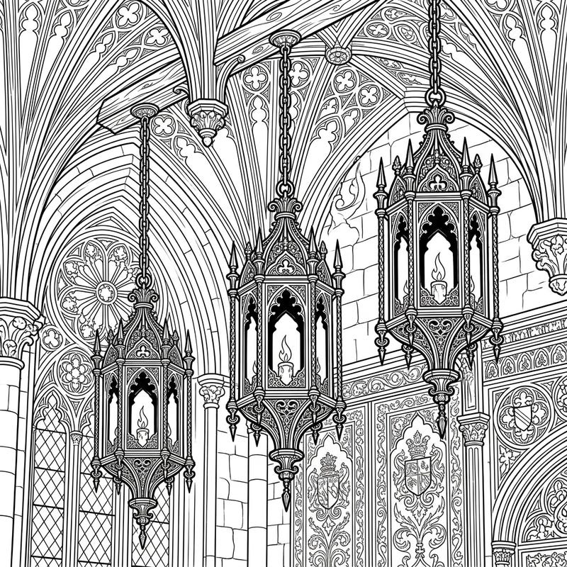 Unwind with this captivating coloring page featuring beautifully detailed Gothic pendant lights. Immerse yourself in a world of Victorian charm and intricate architectural artistry, ready for your creative touch.