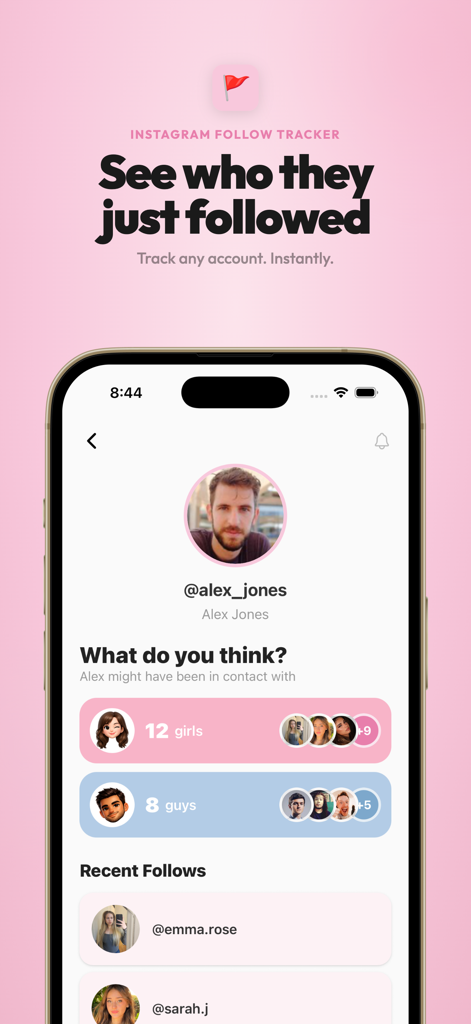 Red Flag: Track Recent Follows - Red Flag app interface showing recent Instagram follow activity and AI gender analysis breakdown for a profile.