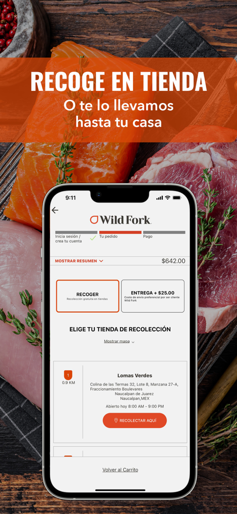 Wild Fork app checkout screen showing in-store pickup and home delivery options
