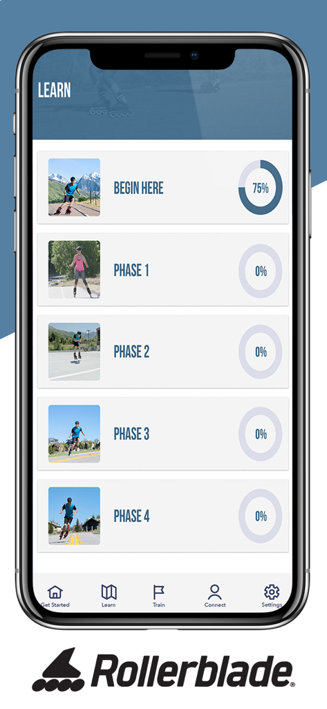 Skate to Ski - iPhone screen displaying the Skate to Ski app Learn section with five training phases and progress trackers