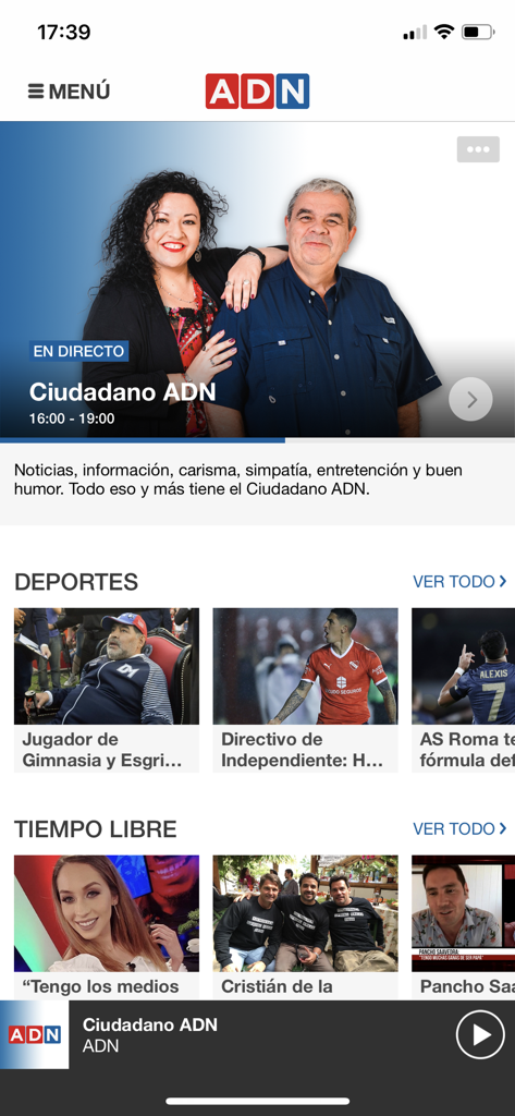 ADN Radio para iPhone - Interfaz de la aplicación móvil ADN Radio con secciones de noticias y deportes en vivo
