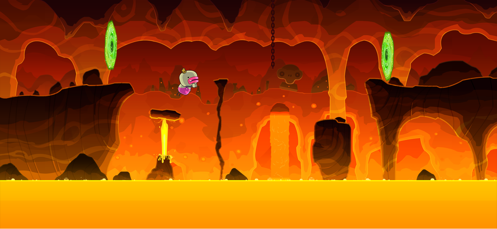 Bring You Home - Small alien character jumping between green portals in a fiery lava cave