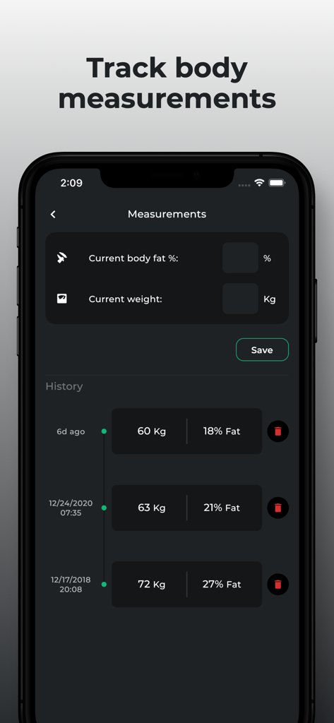 Body measurement tracking screen showing weight and body fat history