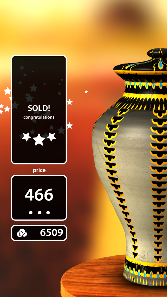 A decorated clay vase sold for coins in the pottery game