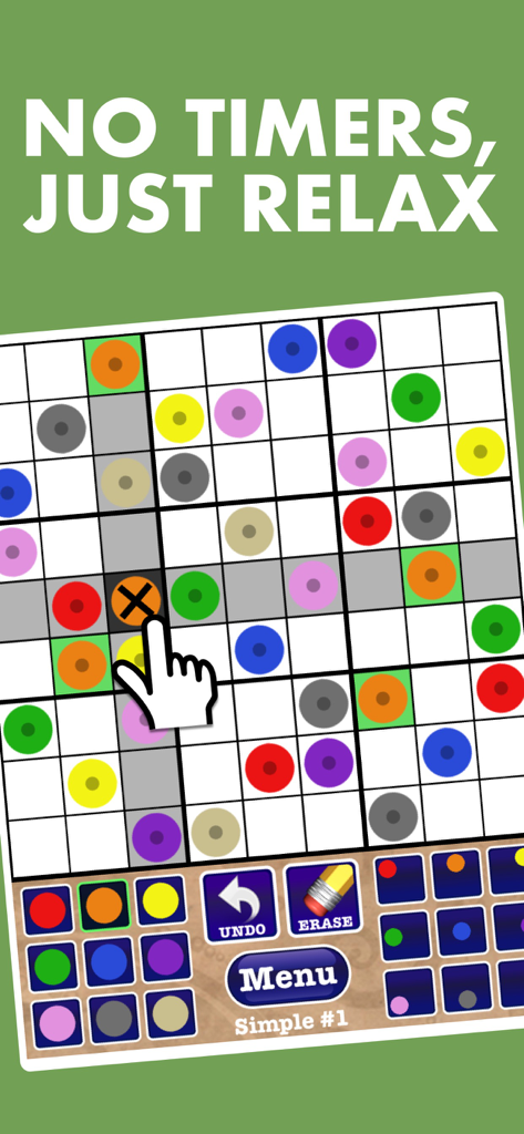 Una partida relajante de Sudoku de Colores mostrando una cuadrícula llena de círculos coloridos en lugar de números