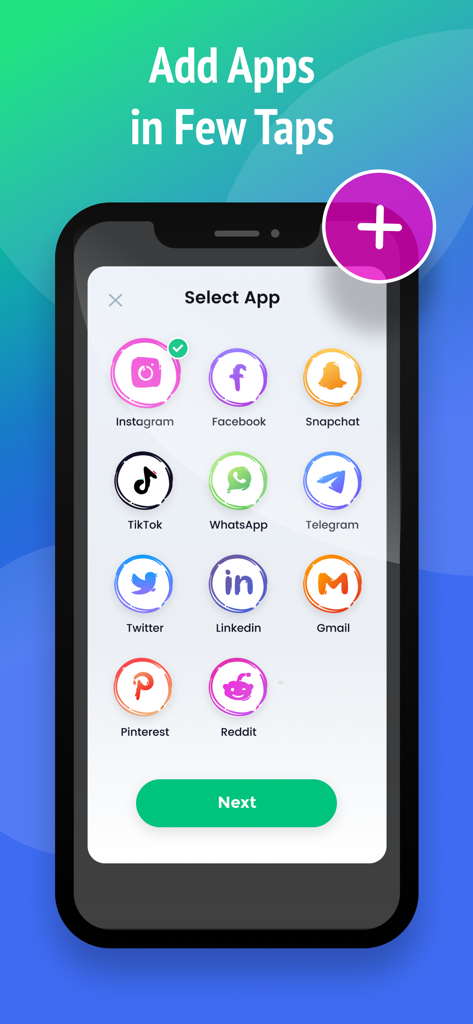 Smartphone screen showing a selection of social media icons like Instagram Facebook and WhatsApp to clone for dual accounts