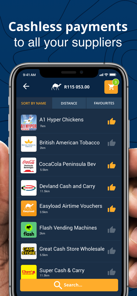 Shop2Shop - Mobile screen of Shop2Shop app showing a list of wholesale suppliers for cashless payments