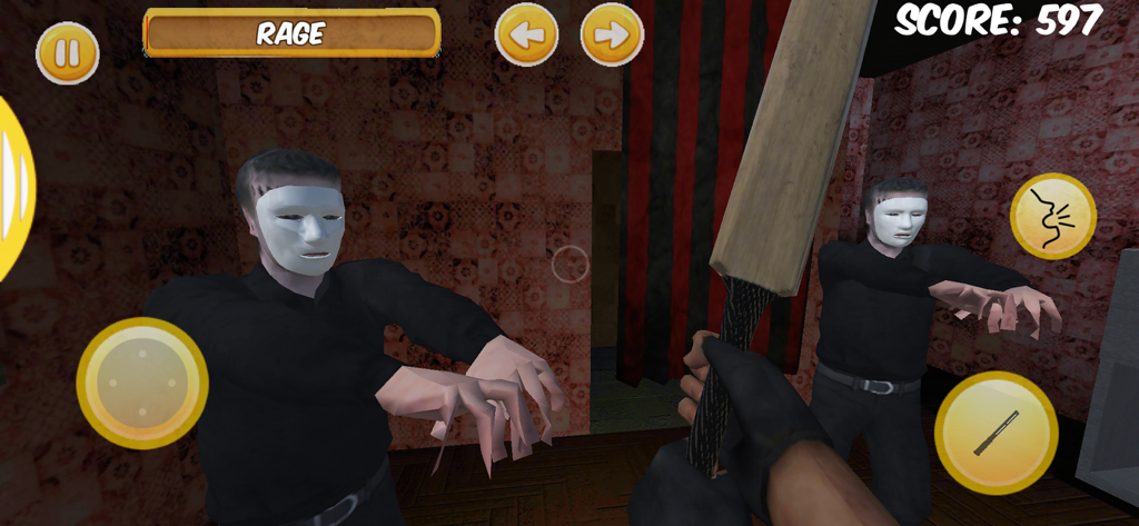 Neighbors OGの一人称視点ゲームプレイ。バットと覆面をした敵が登場