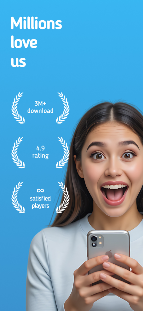 An excited woman holding a smartphone displaying stats for Alias board game including a 4.9 rating and over 3 million downloads.