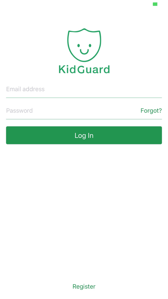 Kid-Guard - Kid-Guard app login page featuring email and password input fields and a green login button.