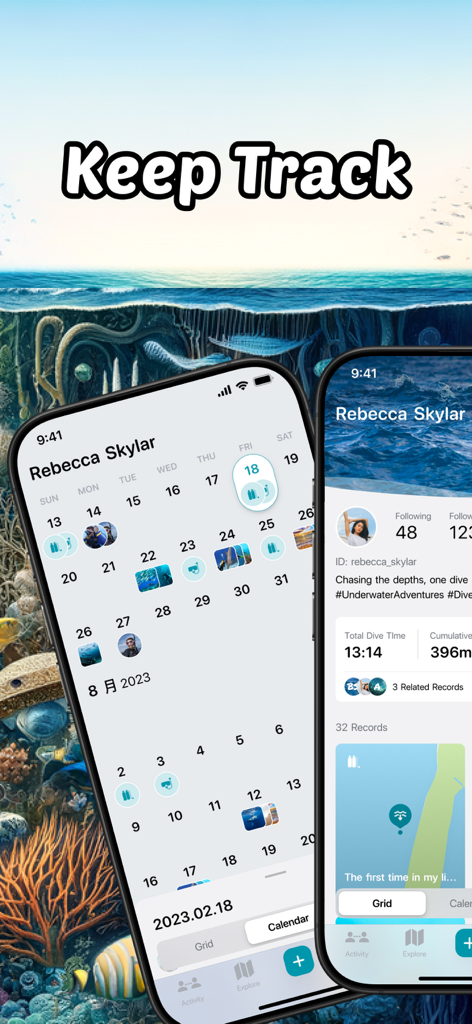 DIVEROUT-App-Oberfläche, die einen Tauchprotokoll-Kalender und ein Benutzerprofil mit Tauchstatistiken anzeigt