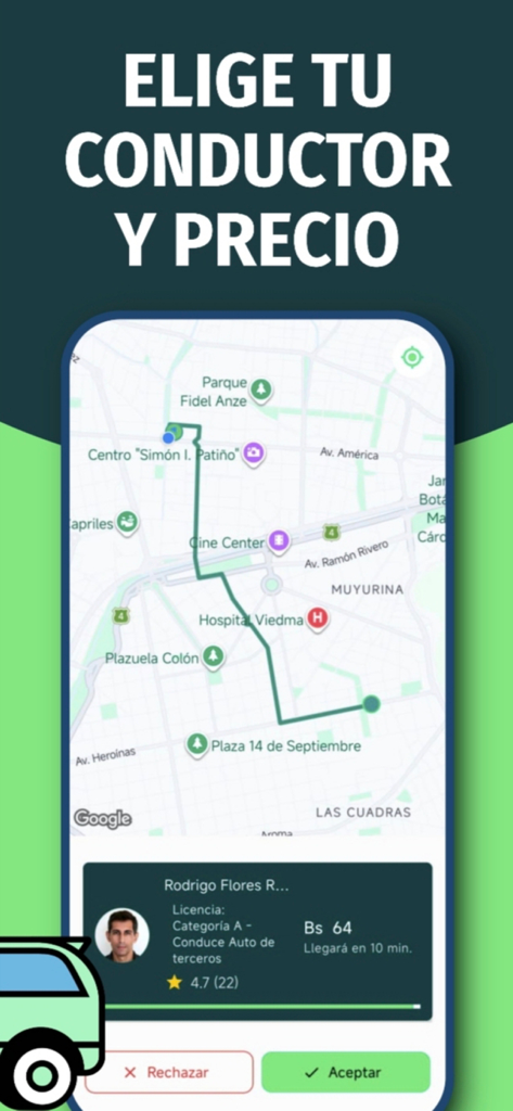 CareDriver - Pide un Conductor - CareDriver app interface showing a map route with a driver profile for selection including name price and arrival time