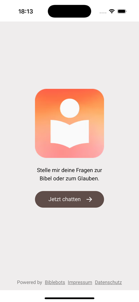 Biblebots - Pantalla de bienvenida de la aplicación móvil Biblebots con un icono de una persona leyendo un libro y un botón para iniciar un chat sobre la Biblia y la fe.