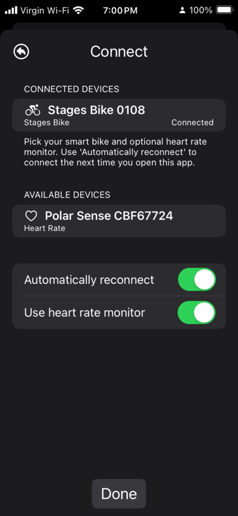 GearView - GearView app connection screen showing connected Stages bike and available heart rate monitor