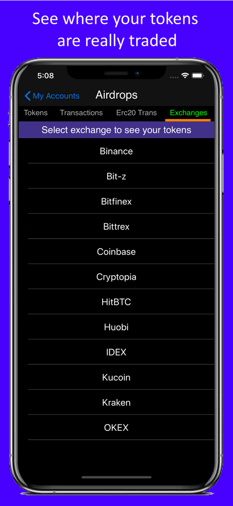 Mobile screen showing a list of supported cryptocurrency exchanges for trading tokens