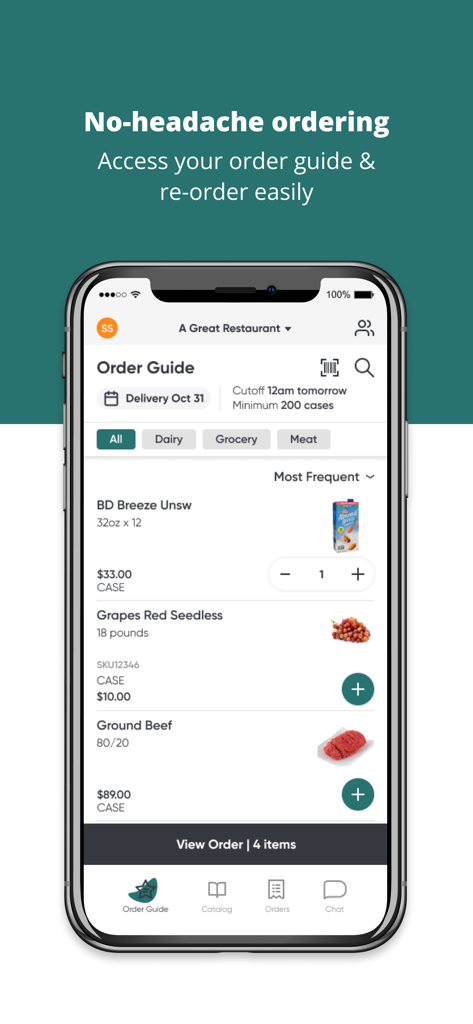 Superstock Food Services - Superstock Food Services app showing the order guide screen for restaurant inventory management and procurement.